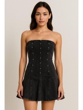 wild fable Strapless Black Denim Mini Dress with Stud Detailing